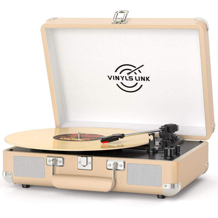 VINYLS LINK front view suitcase turntable showcasing portability and vintage style