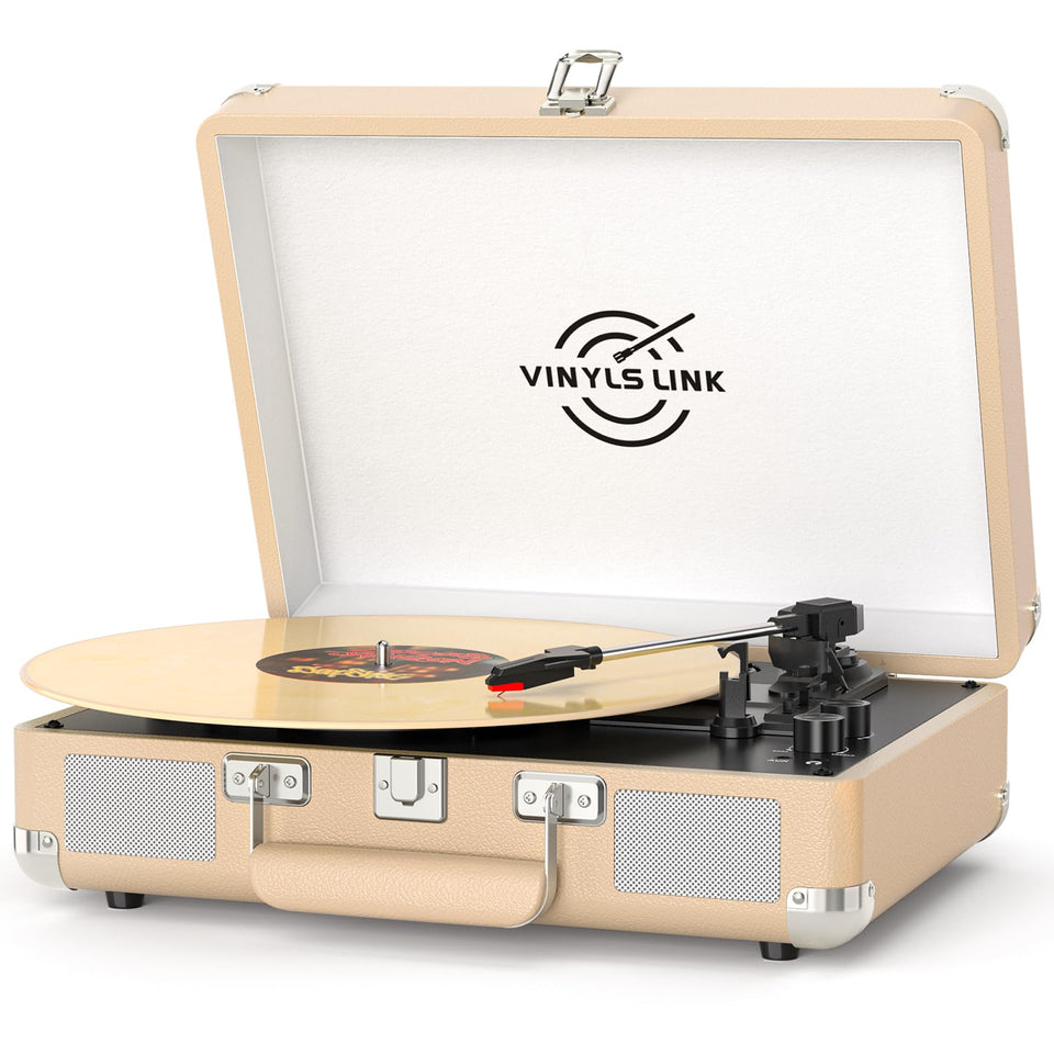 VINYLS LINK front view suitcase turntable showcasing portability and vintage style
