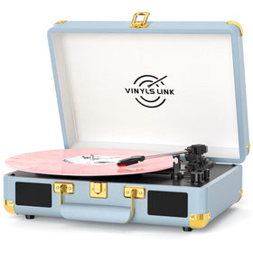 VINYLS LINK front view showcasing blue case and vintage styling for quick setup