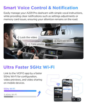 VIOFO A229 Pro 5GHz Wi‑Fi supports quick app setup and sharing.