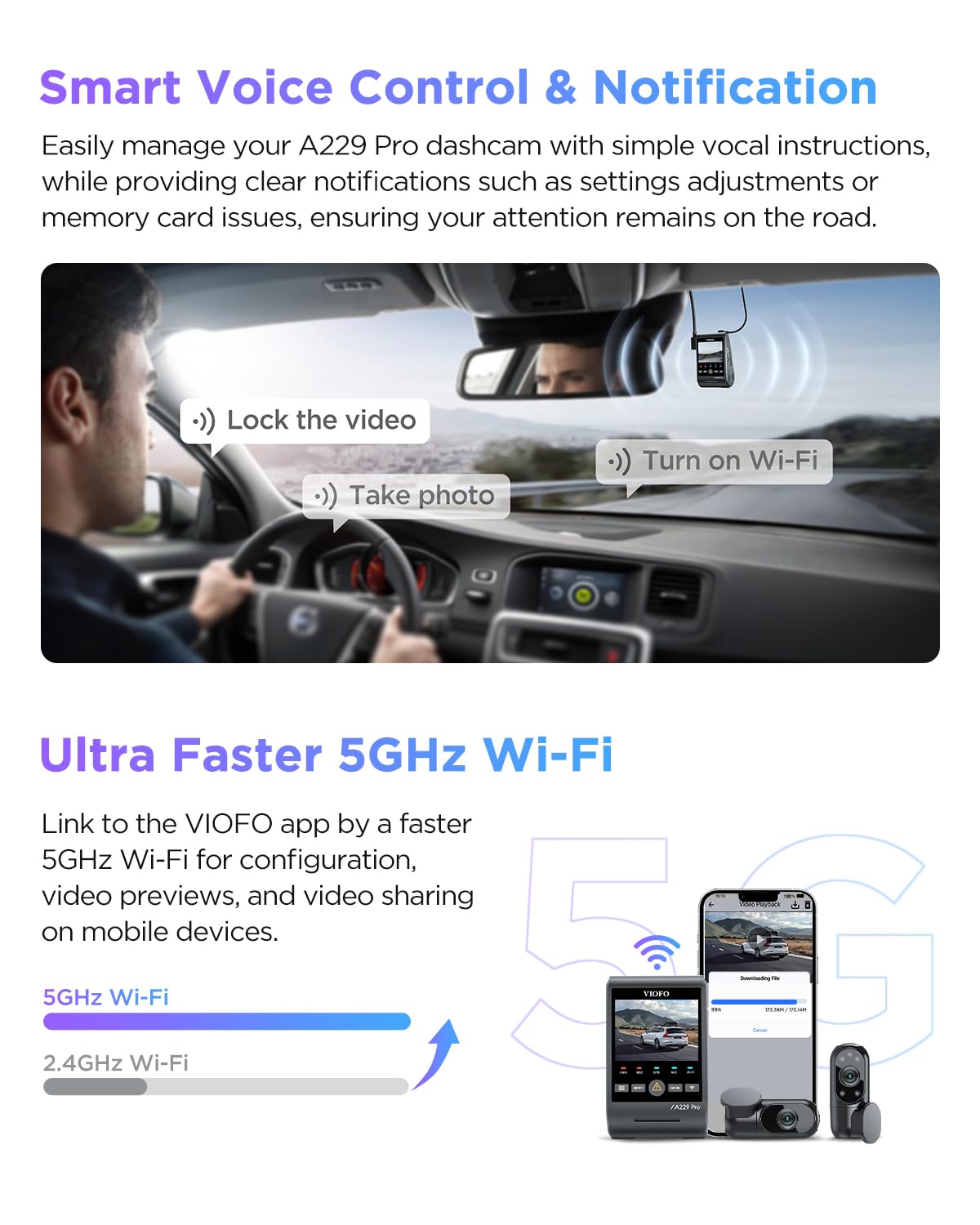 VIOFO A229 Pro voice control boosts hands-free operation.