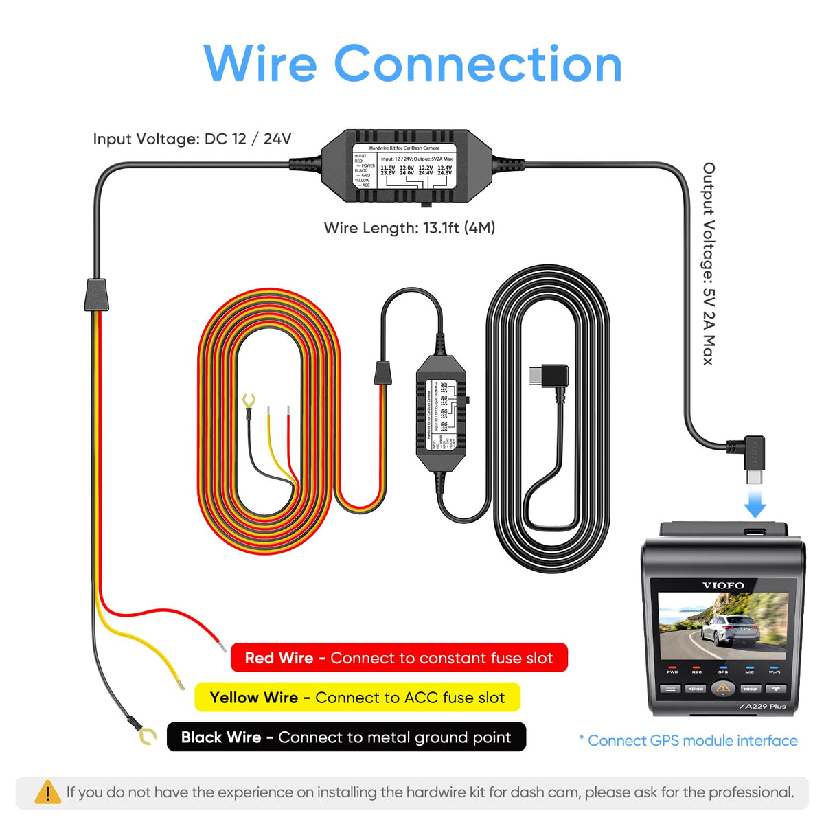 VIOFO HK4 acc hardwire cable 13.1ft length visible for neat vehicle routing