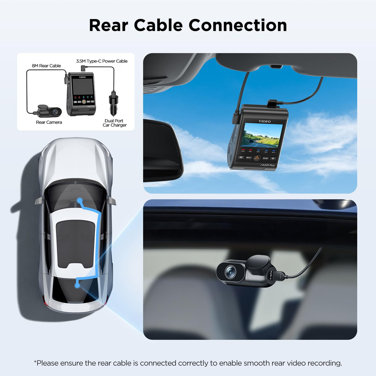 VIOFO rear cable 8m connectors ensure stable power and video links.