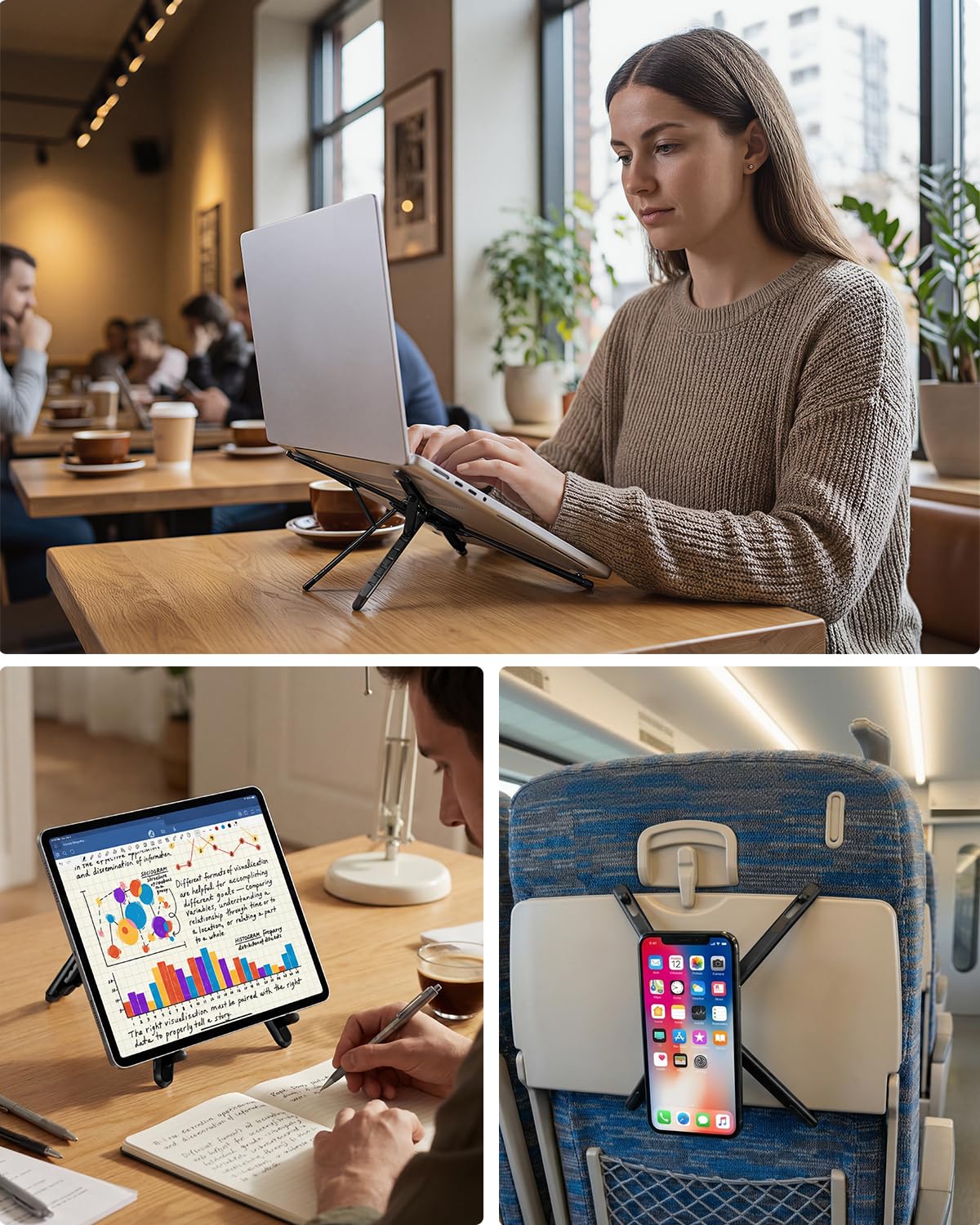 Viozon portable laptop stand folded compact beside bag, ideal for travel storage.