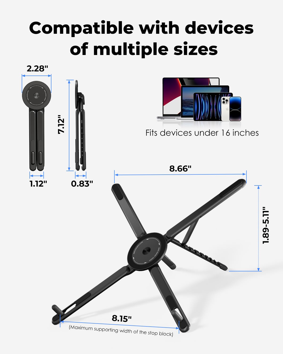 Viozon stand showing eight-height settings, elevating screens to eye level for comfortable viewing.