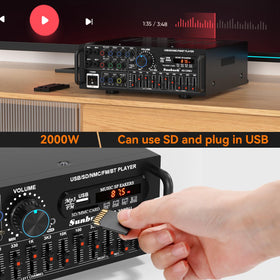 Viprh 2000W amplifier connectivity options with AUX/DVD, USB/SD for versatile media playback.