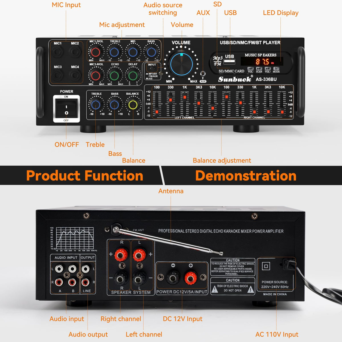 Viprh 2000W amplifier microphone inputs showing four mic channels with adjustable effects.