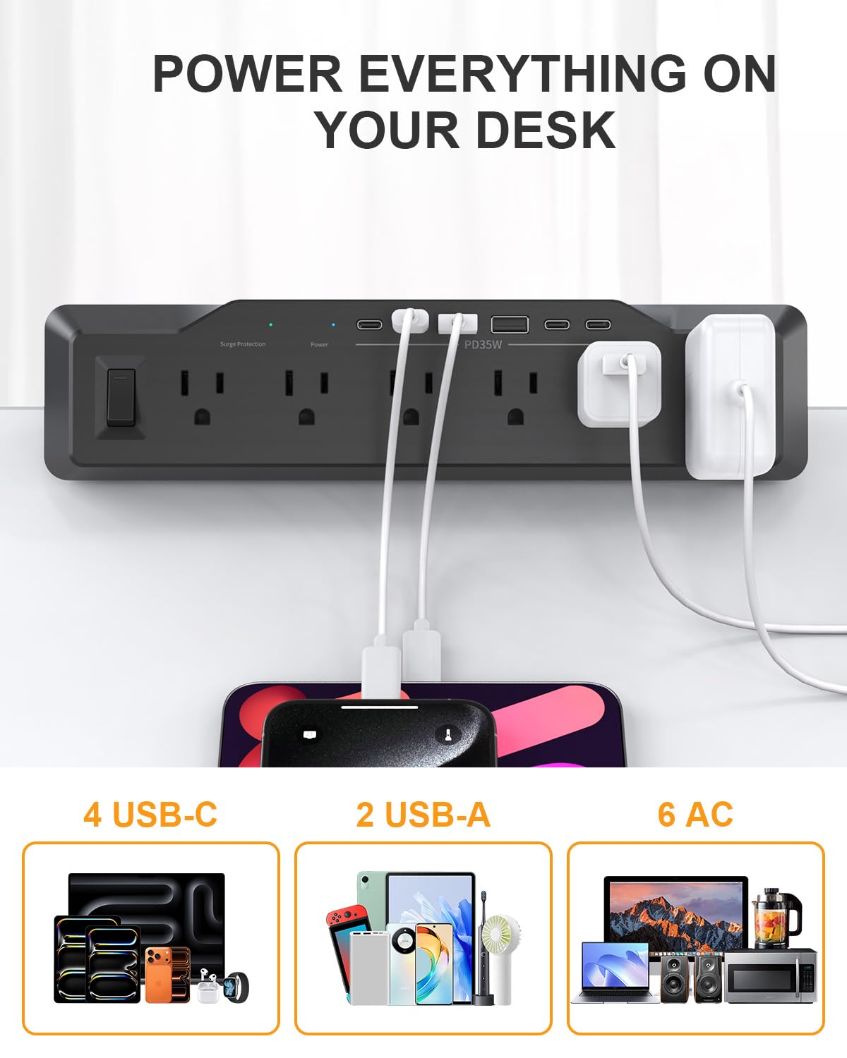 vipwell cord and flat plug showing 6 ft cord length and low-profile outlet fit for convenience