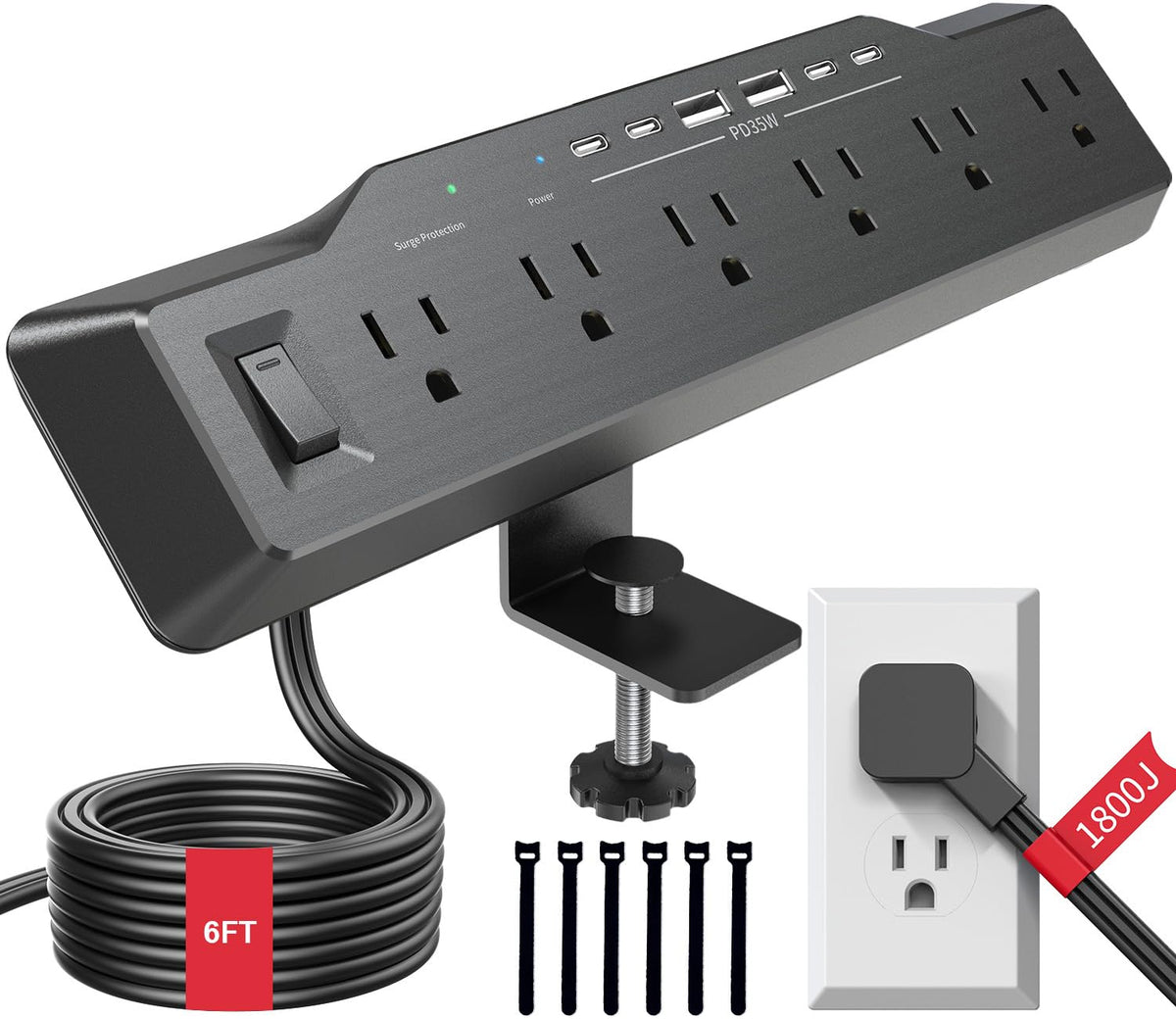 vipwell front view clamped to desk showing accessible outlets and USB-C ports for neat charging