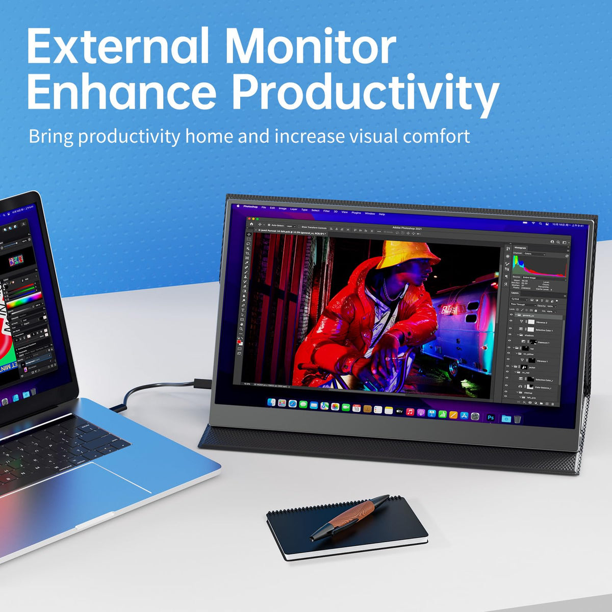VisionOwl portable-monitor cover-stand in use for instant setup.