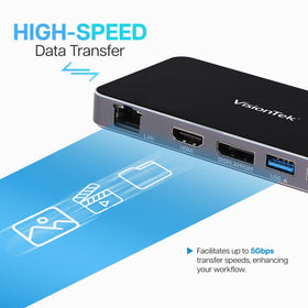 VisionTek VT350 ports close-up highlights USB-A, USB-C, and Ethernet