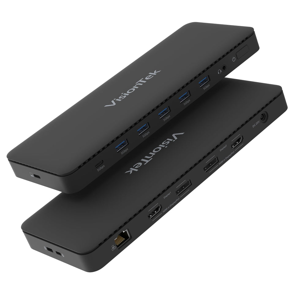 VisionTek VT4600DL front view highlights dual-monitor ports for easy desk setup.