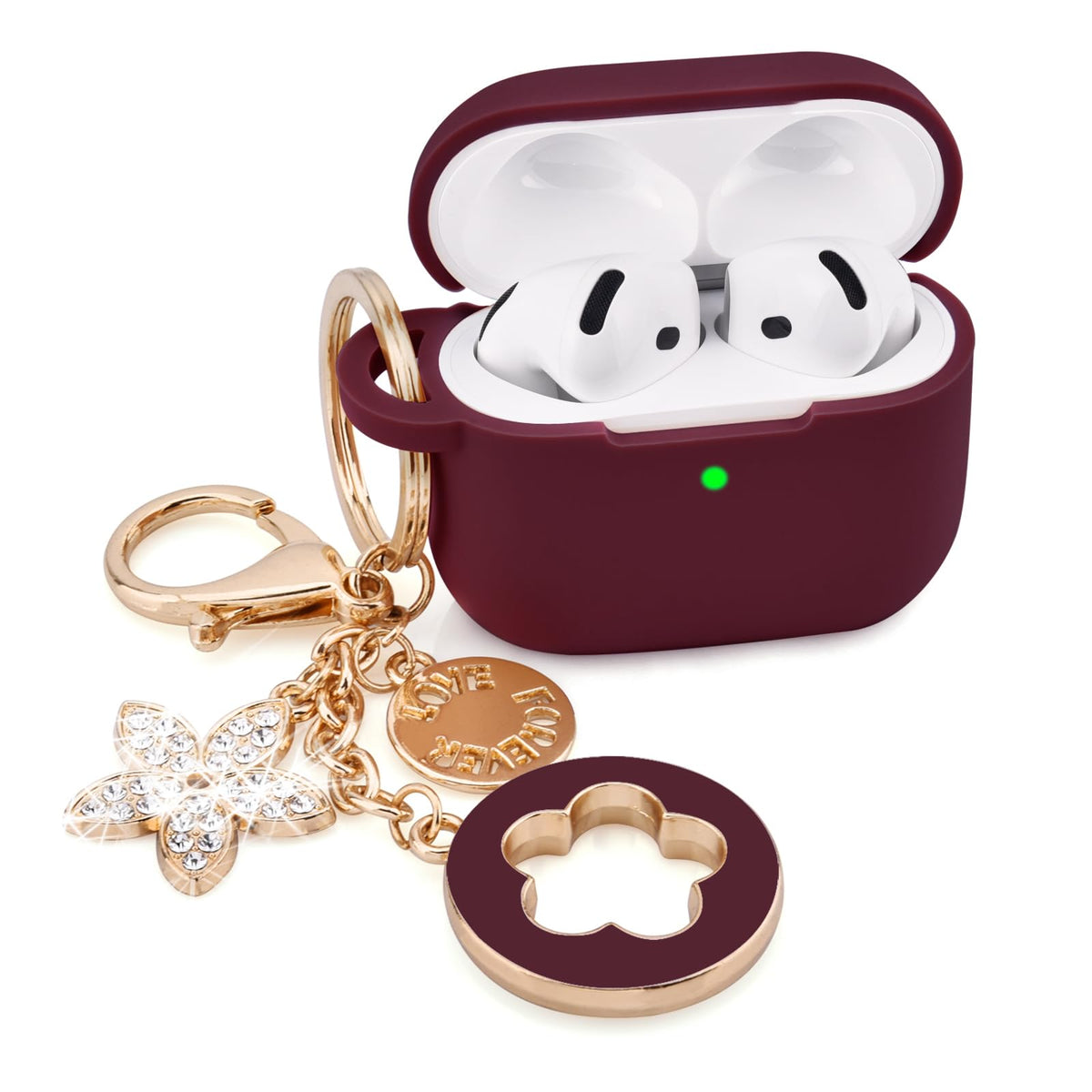 Visoom AirPods 4 case with five-leaf clover keychain, stylish attachment on bag or keychain.