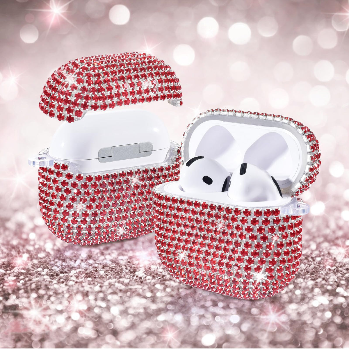 VISOOM AirPods 4 case uses tough TPU with rhinestone overlay for premium look.
