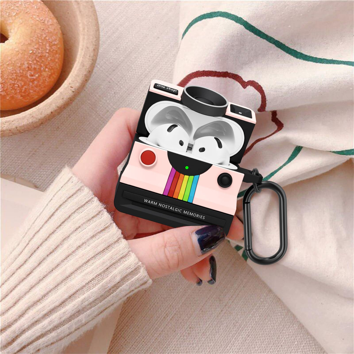 Visoom AirPods 4 pink Polaroid case, front view, playful retro design.