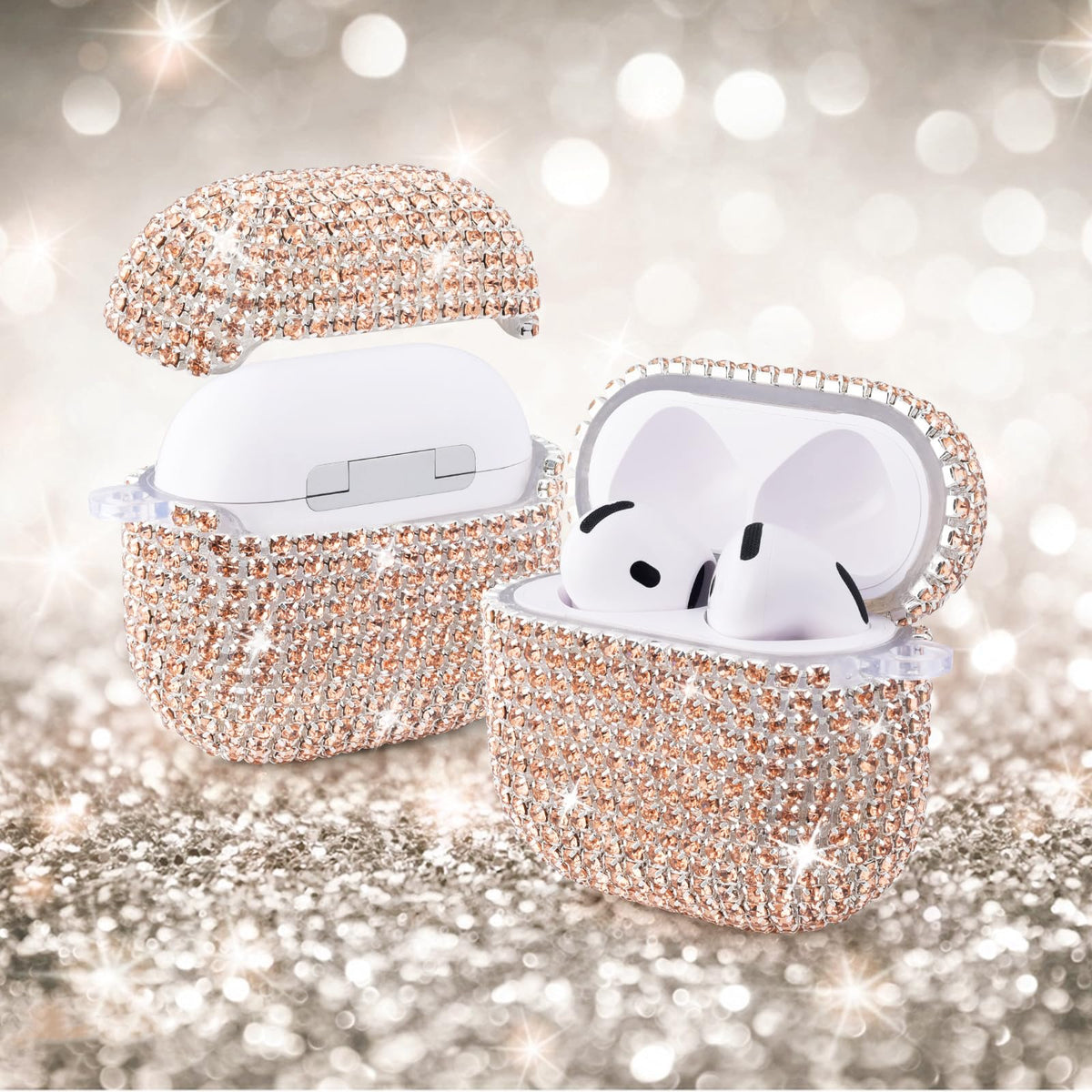Visoom AirPods 4th Gen case with bling keychain attached to bag