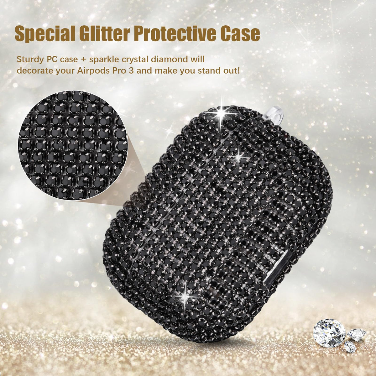 Shiny rhinestone layer adds bling while guarding against scratches.