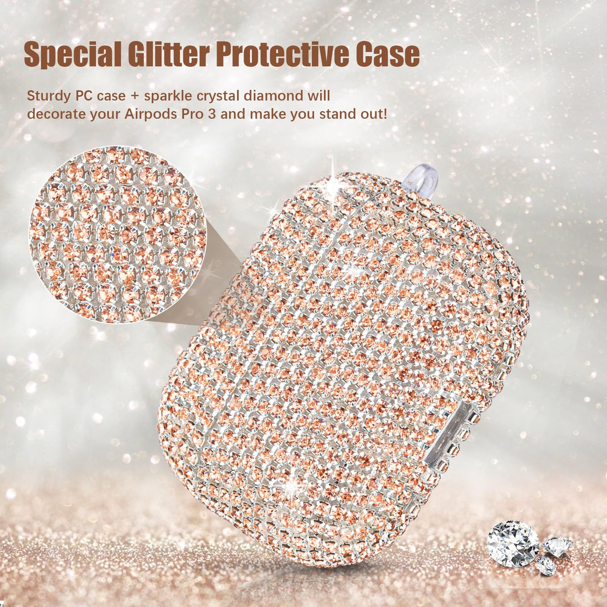 VISOOM AirPods Pro 3 case cover rhinestone detail close-up for luxury look.