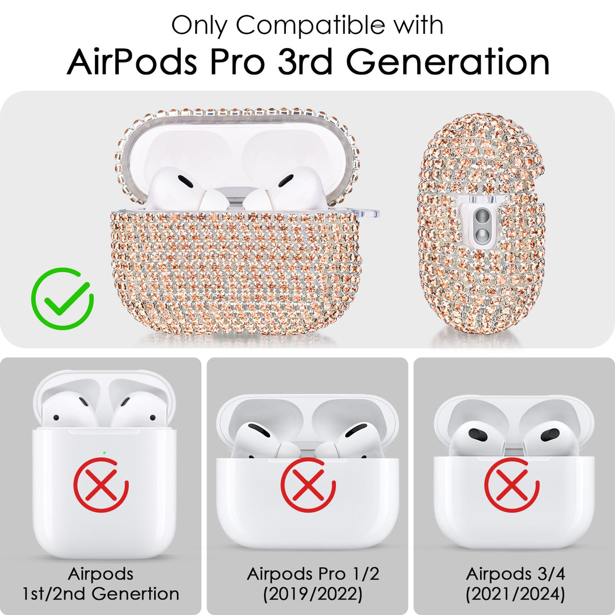 VISOOM AirPods Pro 3 case cover side view highlighting rhinestone detail and grip.