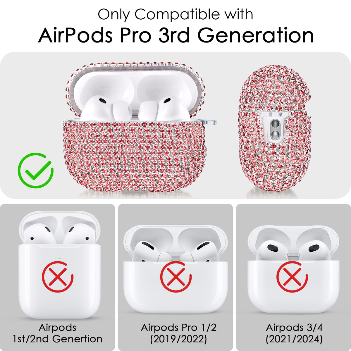 Visoom AirPods Pro 3 case with rhinestone accents and keychain