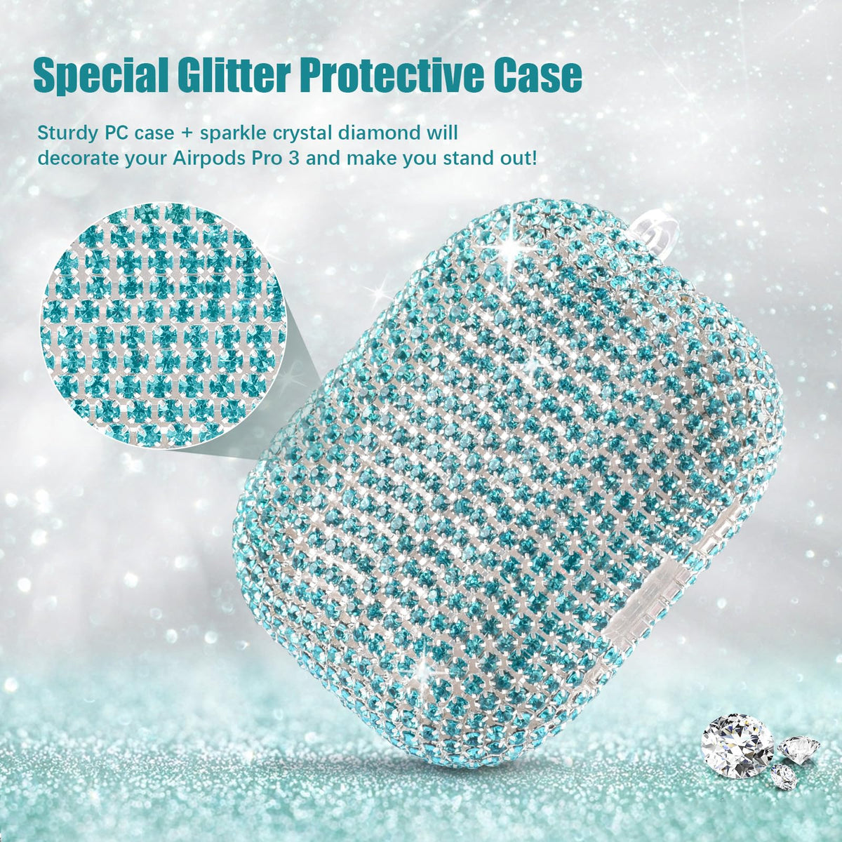 Visoom AirPods Pro 3 case side sparkle detail for fashion-forward protection.