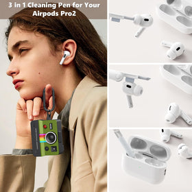 VISOOM Green retro case for AirPods Pro on a desk setup.