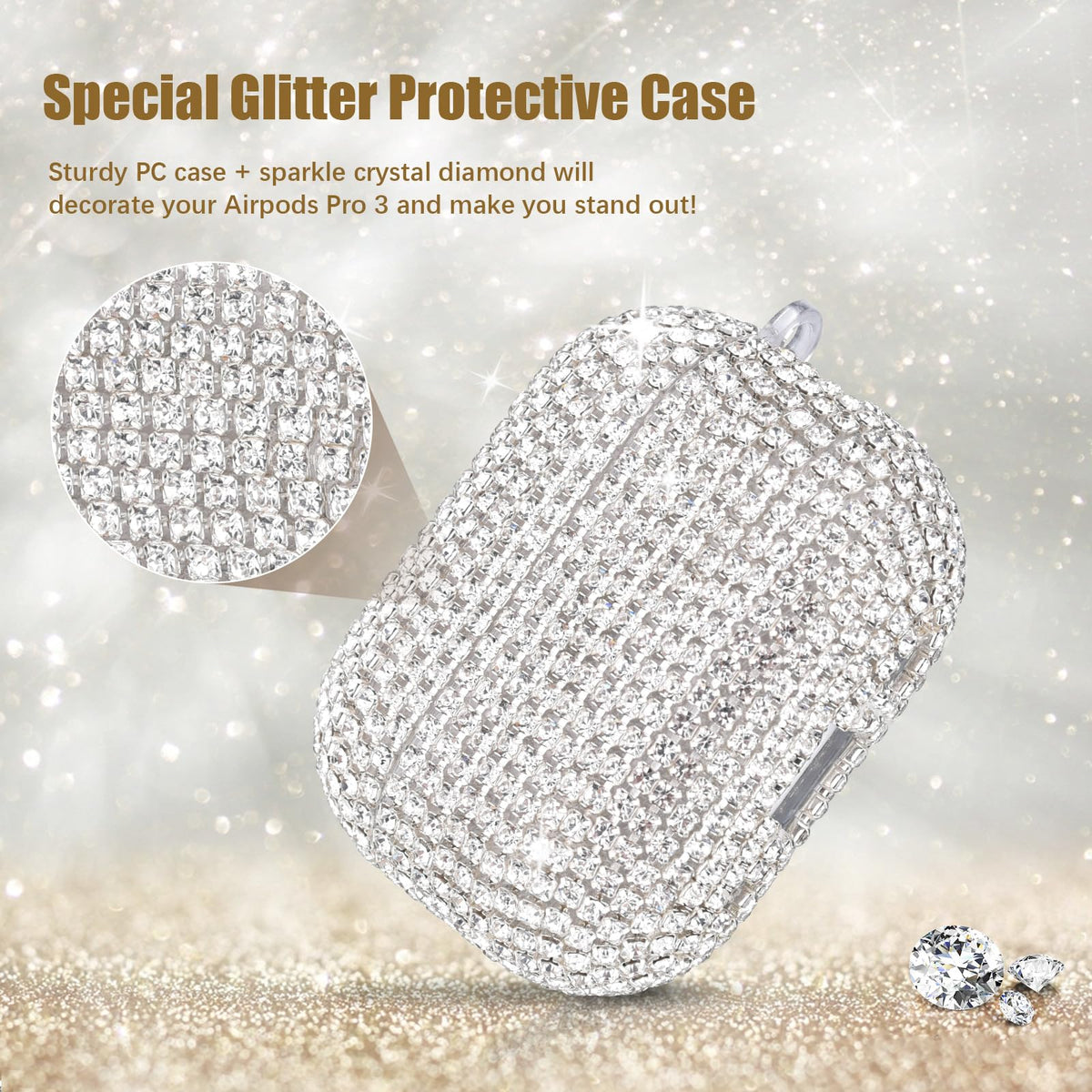 Sparkling rhinestones detail on VISOOM case for AirPods Pro 3.