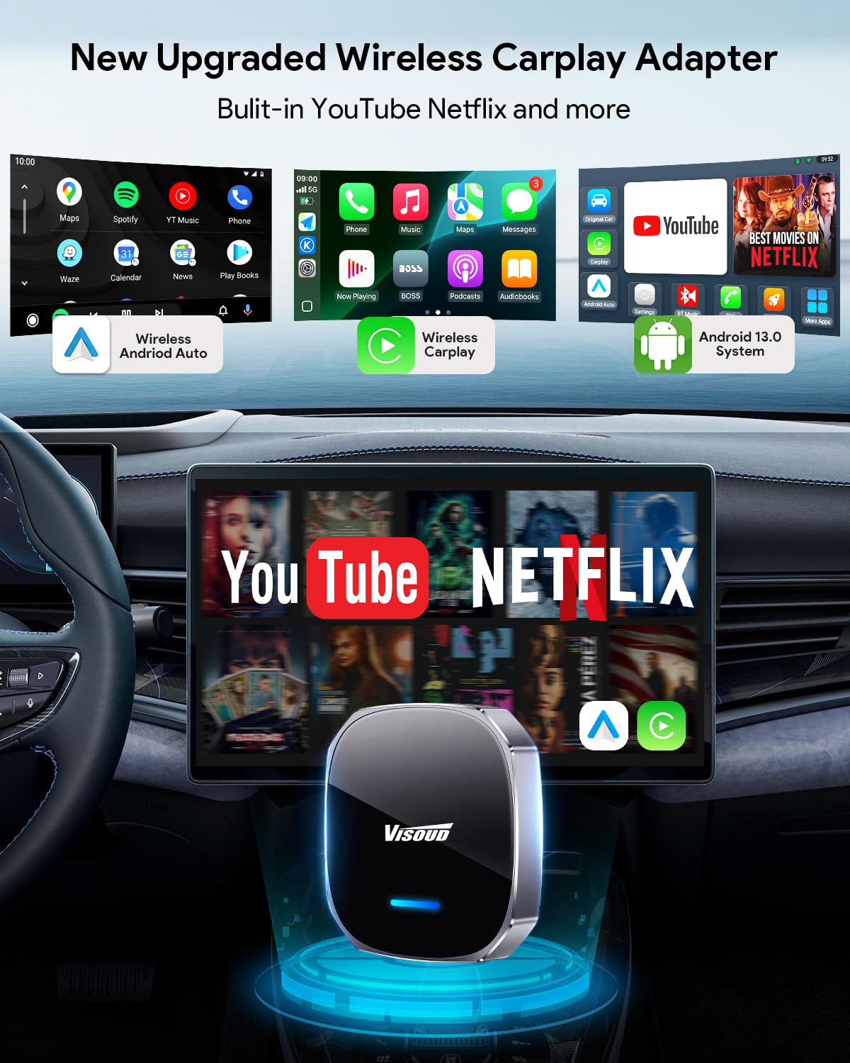 Visoud Magic AI Box displaying 4K video playback on a car screen via Mali GPU