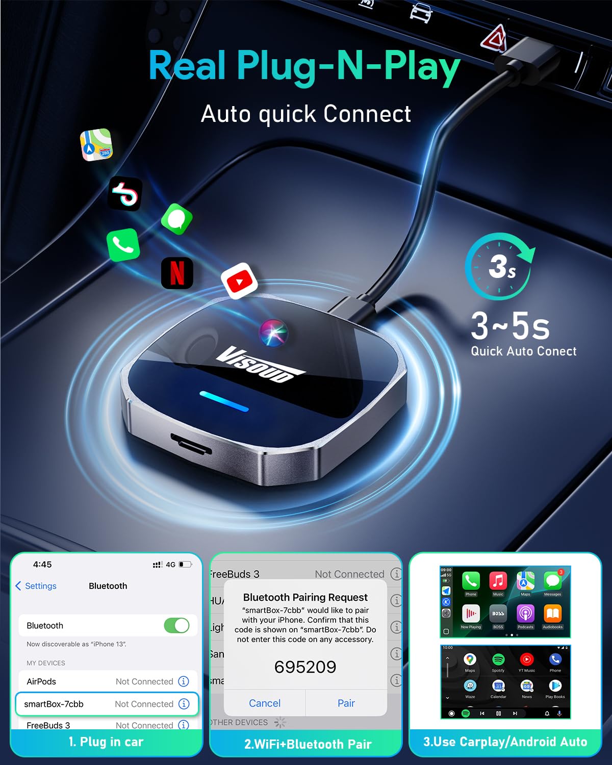 Visoud Magic AI Box wireless CarPlay and Android Auto on the car touchscreen