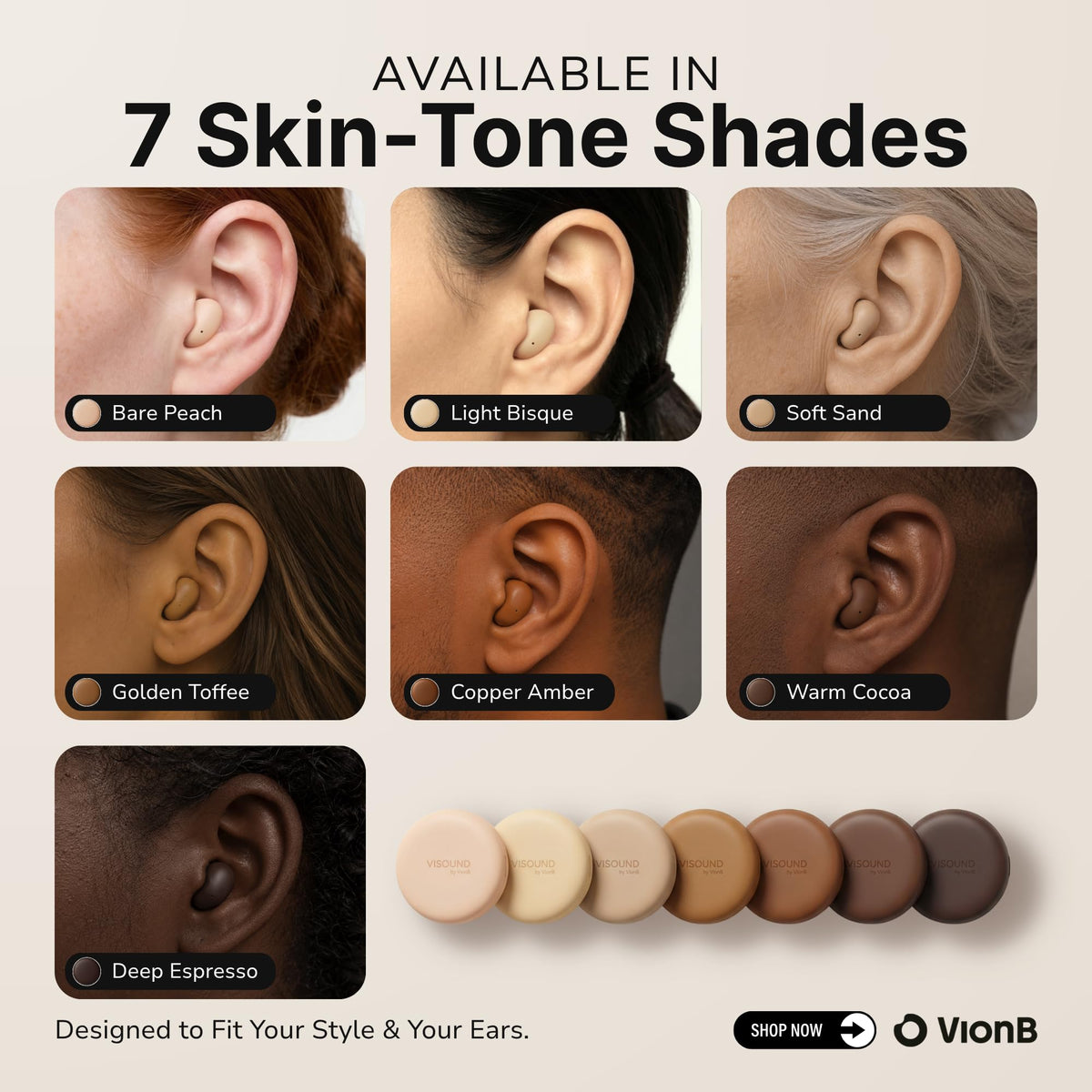 VISOUND Air Skin Tones Earbuds light-bisque shade blends with skin tone and resists sweat.