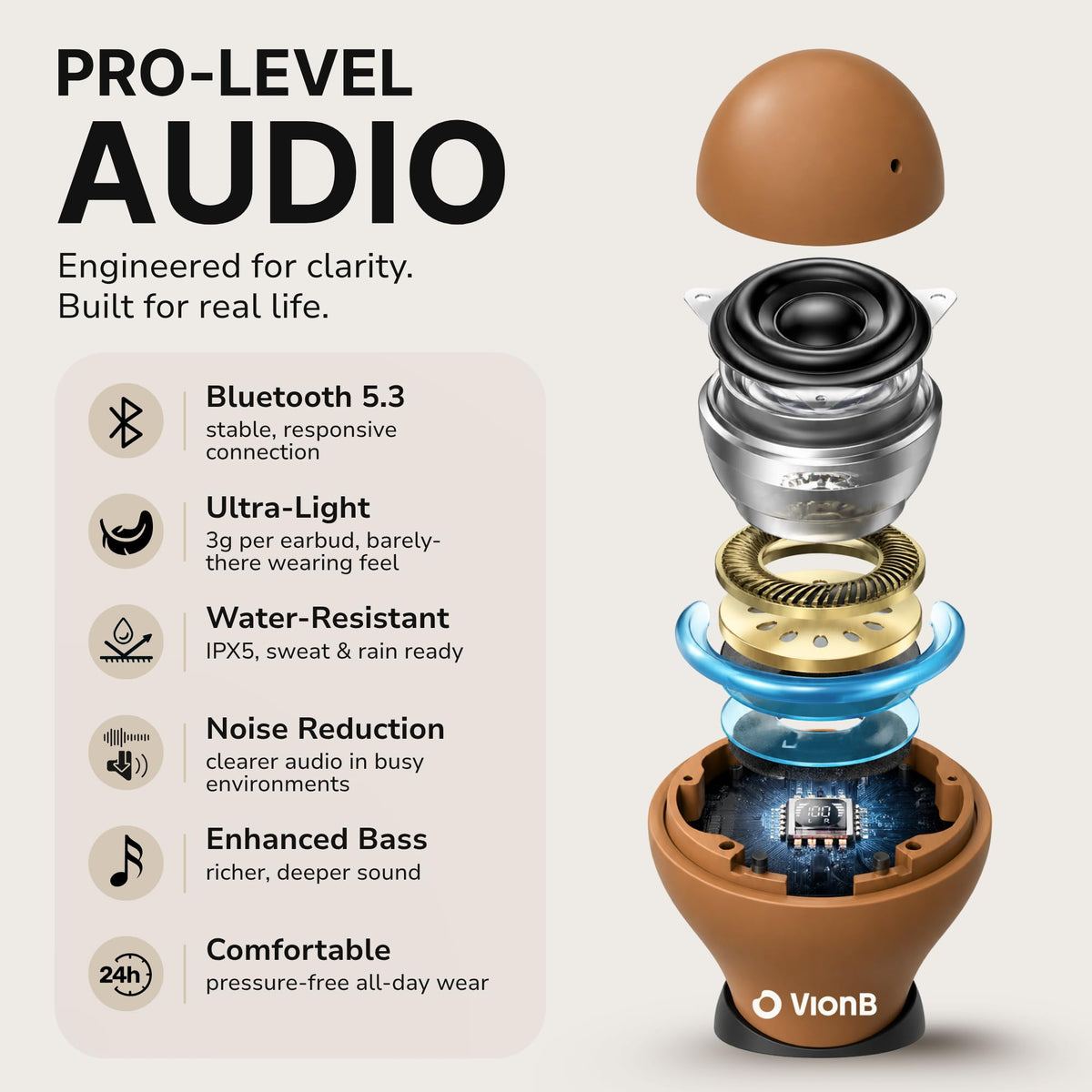 VISOUND Air Skin Tones Earbuds soft-sand shade features a customizable seal with two tip sizes.
