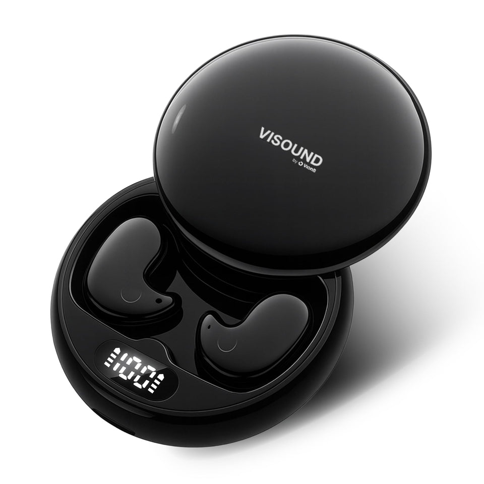 VISOUND Drift front packaging showing earbuds and compact case, clear branding and benefit