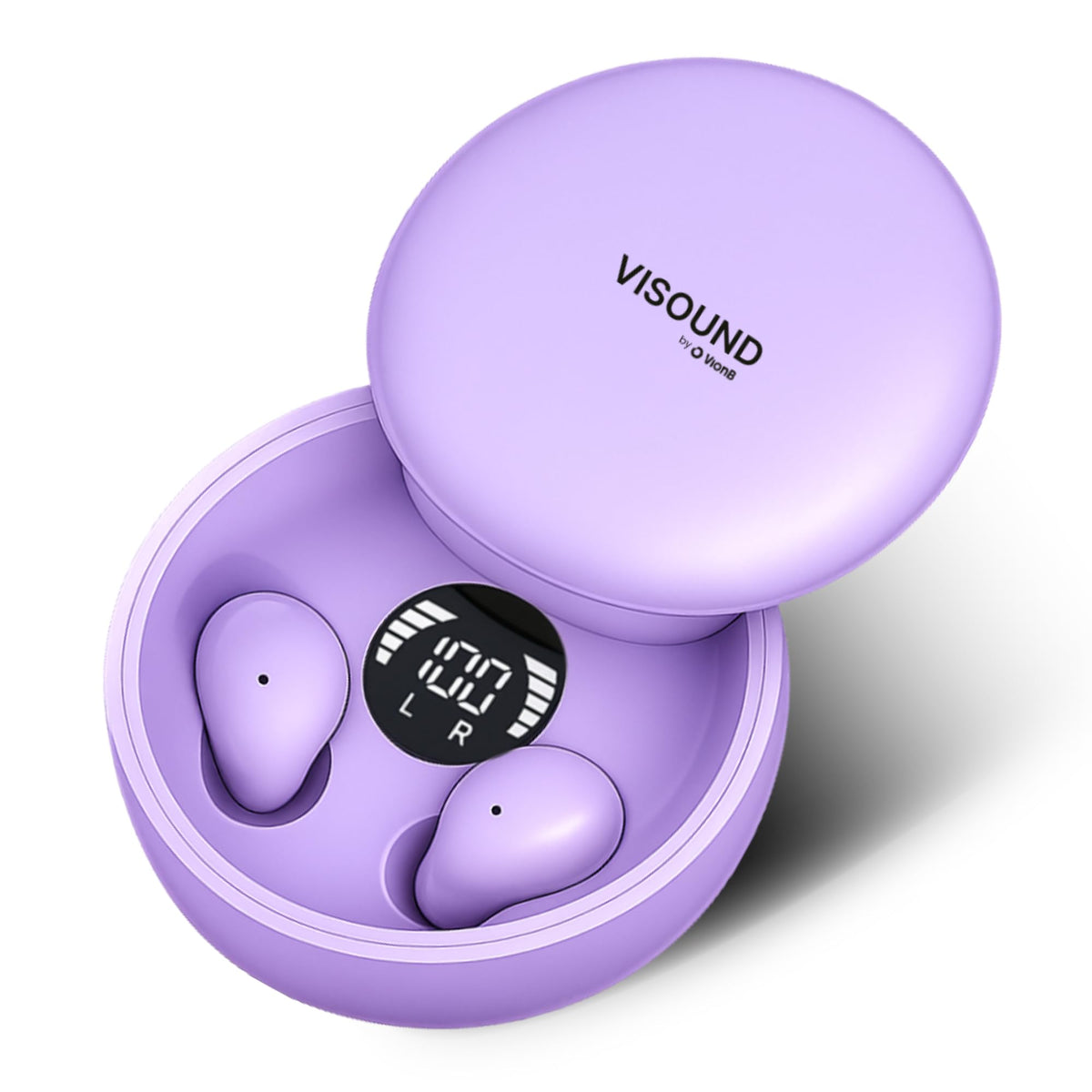 VISOUND VionB Air invisible earbuds in amethyst shown for discreet wear during meetings and workouts.