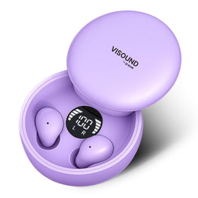 VISOUND VionB Air invisible earbuds in amethyst shown for discreet wear during meetings and workouts.