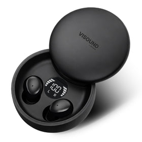 VISOUND VionB Air invisible earbuds closeup, showcasing the flush-fit design for discreet listening and comfortable all-day wear.