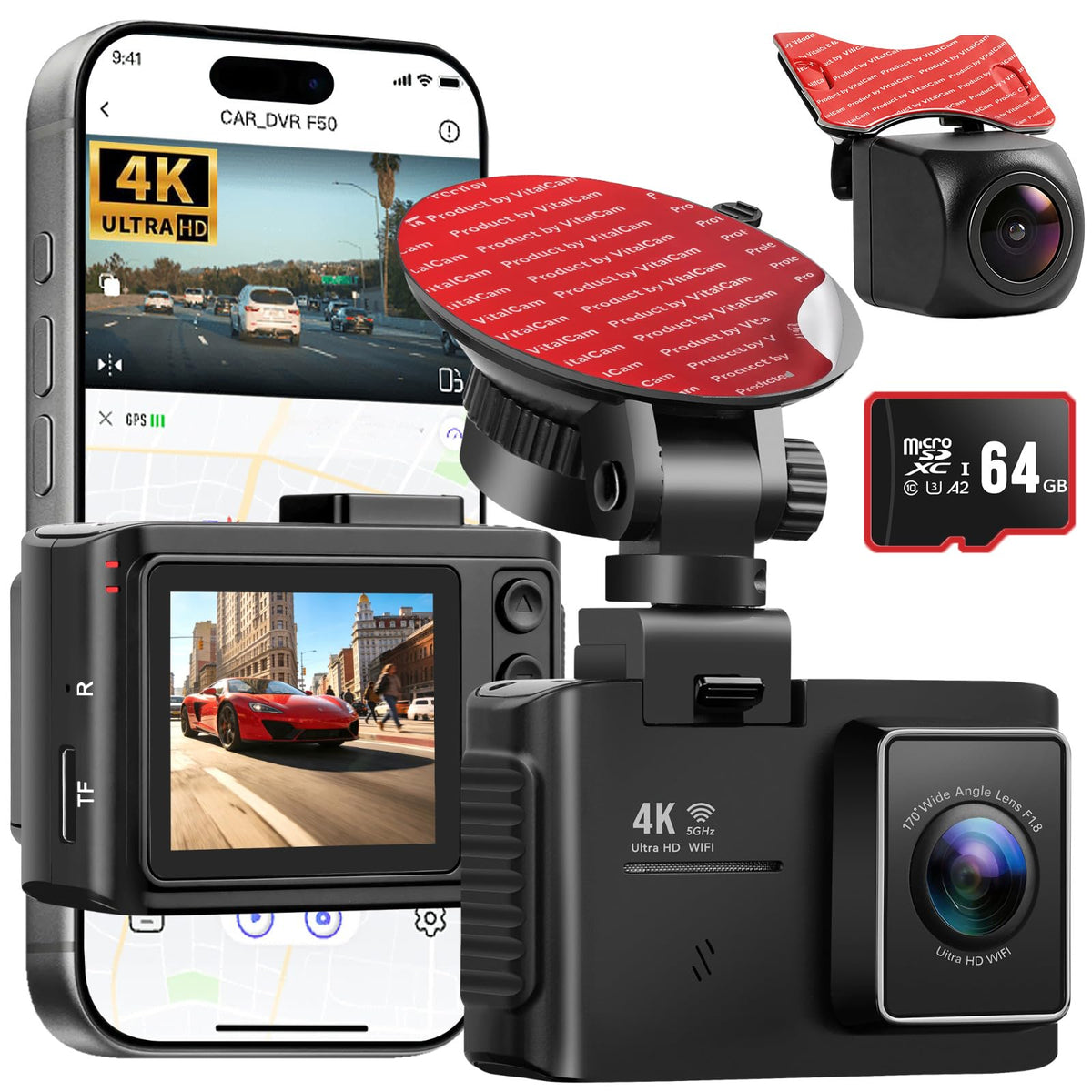 VitalCam 4K dashcam front and rear for comprehensive road coverage