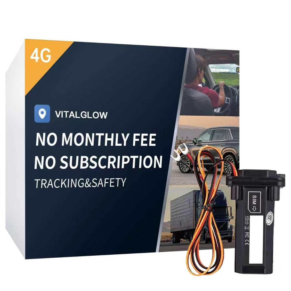VITALGLOW wired GPS tracker device for vehicles with compact design and real-time tracking.