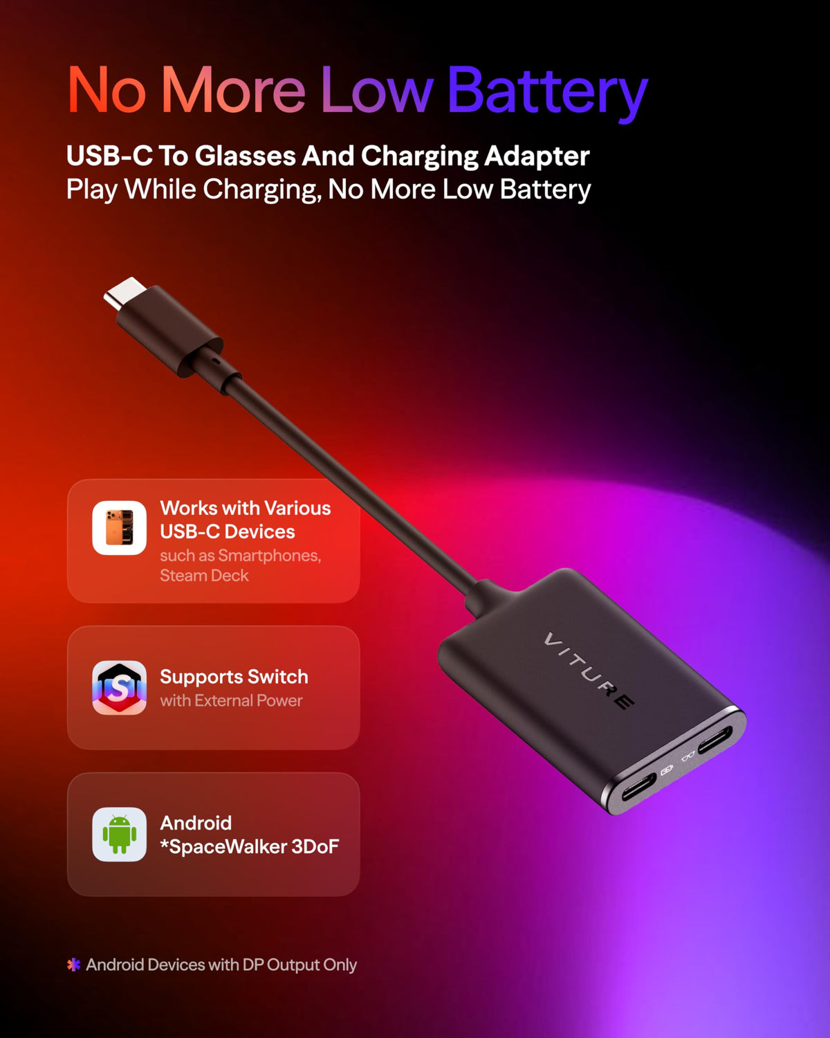 VITURE adapter side port detail highlighting USB-C passthrough for uninterrupted play