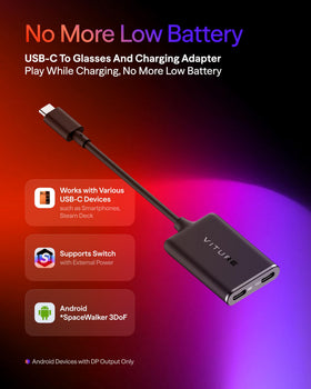 VITURE adapter side port detail highlighting USB-C passthrough for uninterrupted play