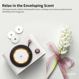 Vivilumens speaker shows diffuser with freesia aroma for calming ambiance.