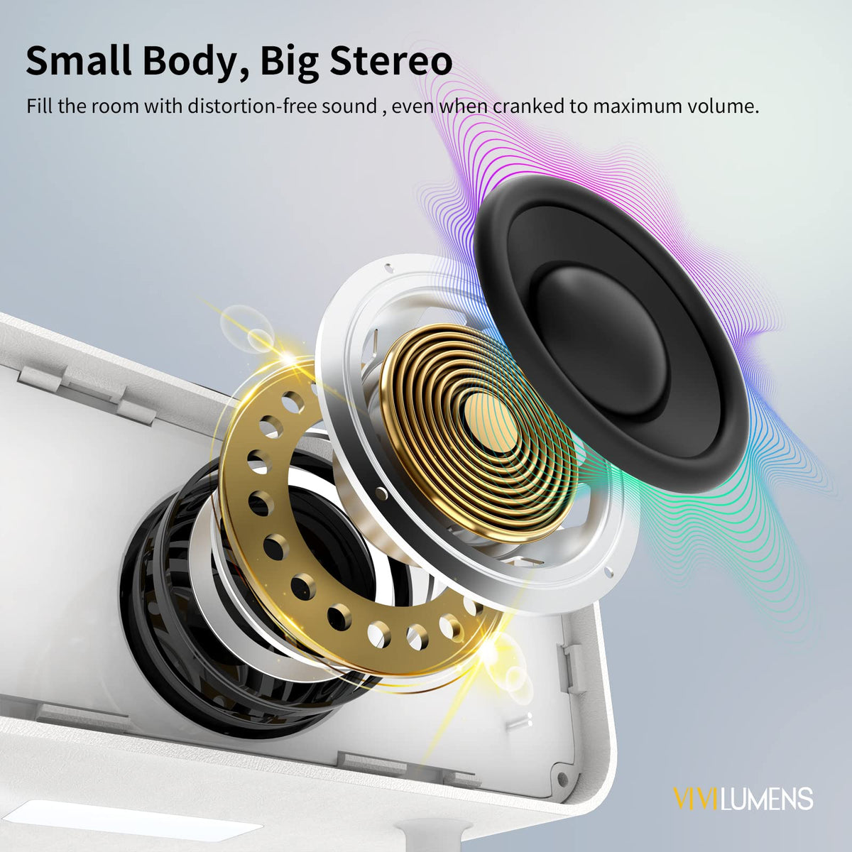 Vivilumens speaker features genuine leather-texture finish for premium feel.