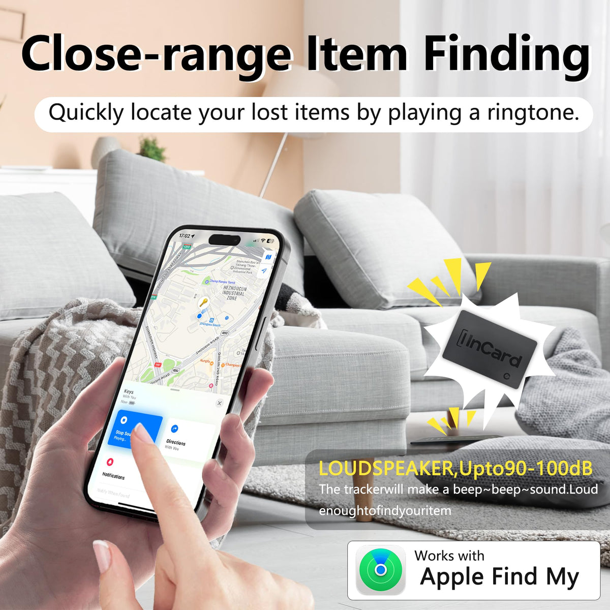 Vivitagx Tracker card showing extended Bluetooth range for easy locating.