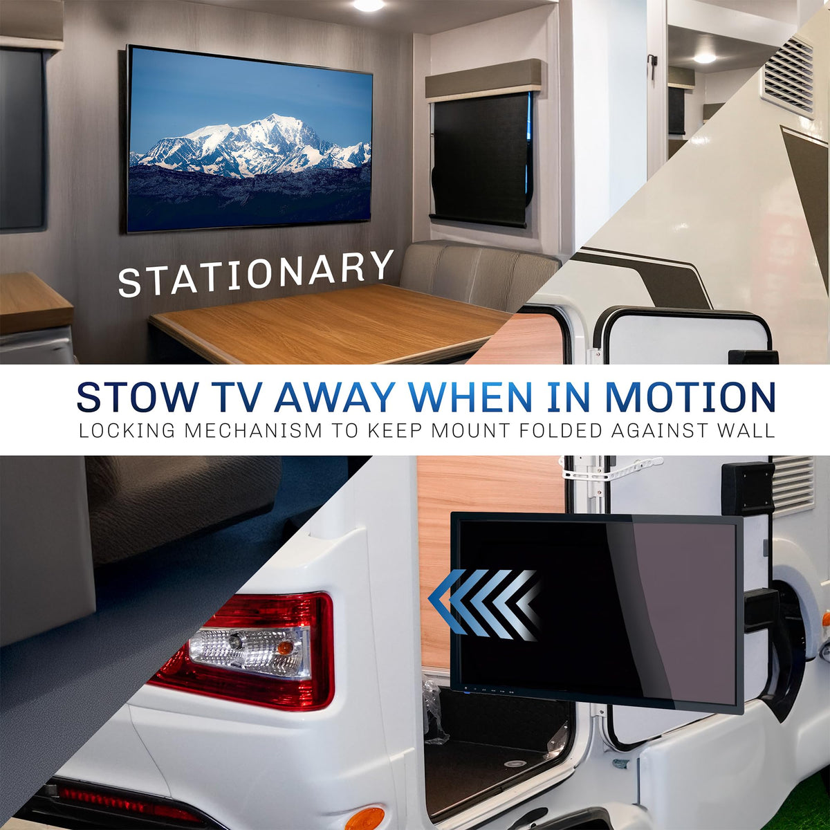 VIVO mount folded flat against RV wall illustrating low-profile storage and protection benefit