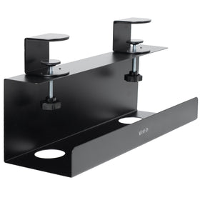 VIVO front view of clamp-on tray showing neat under-desk storage benefit