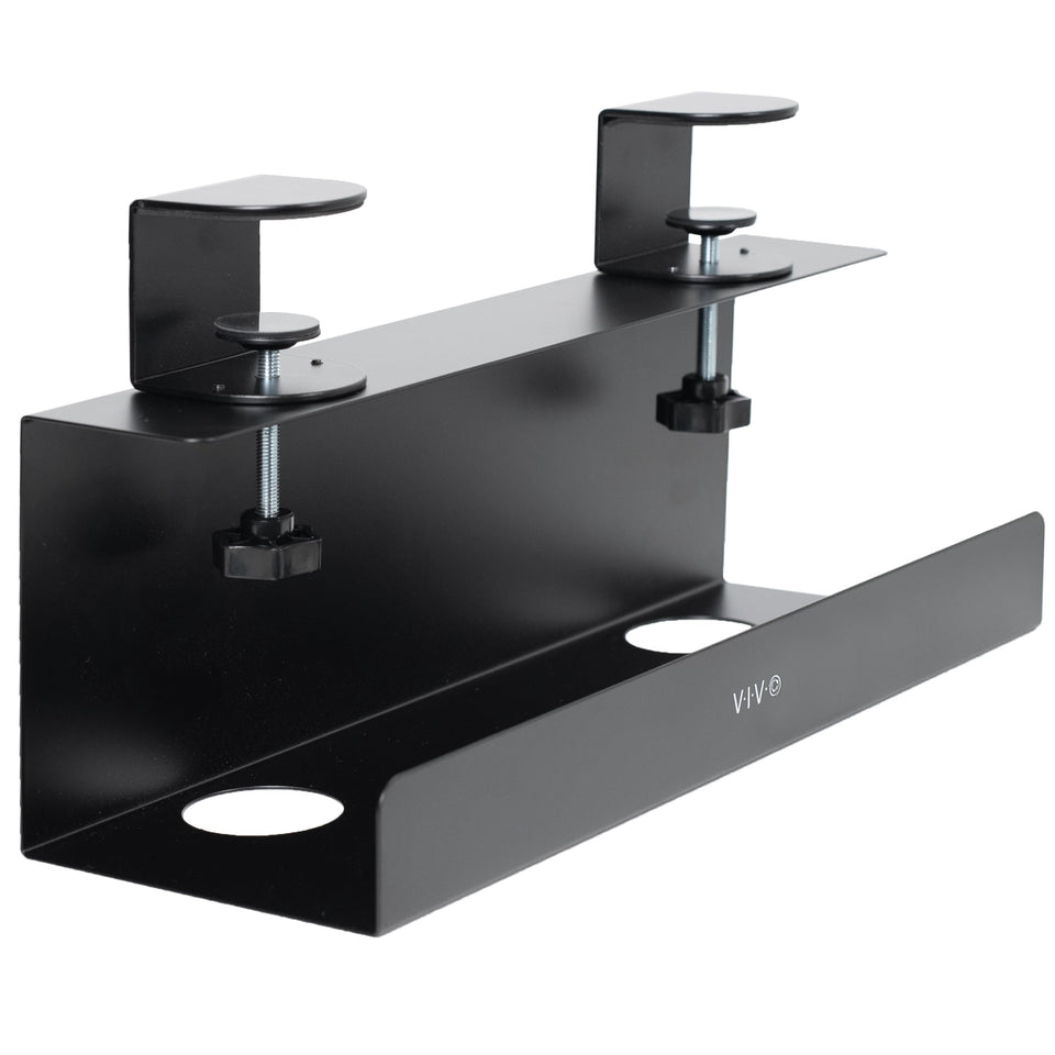 VIVO front view of clamp-on tray showing neat under-desk storage benefit