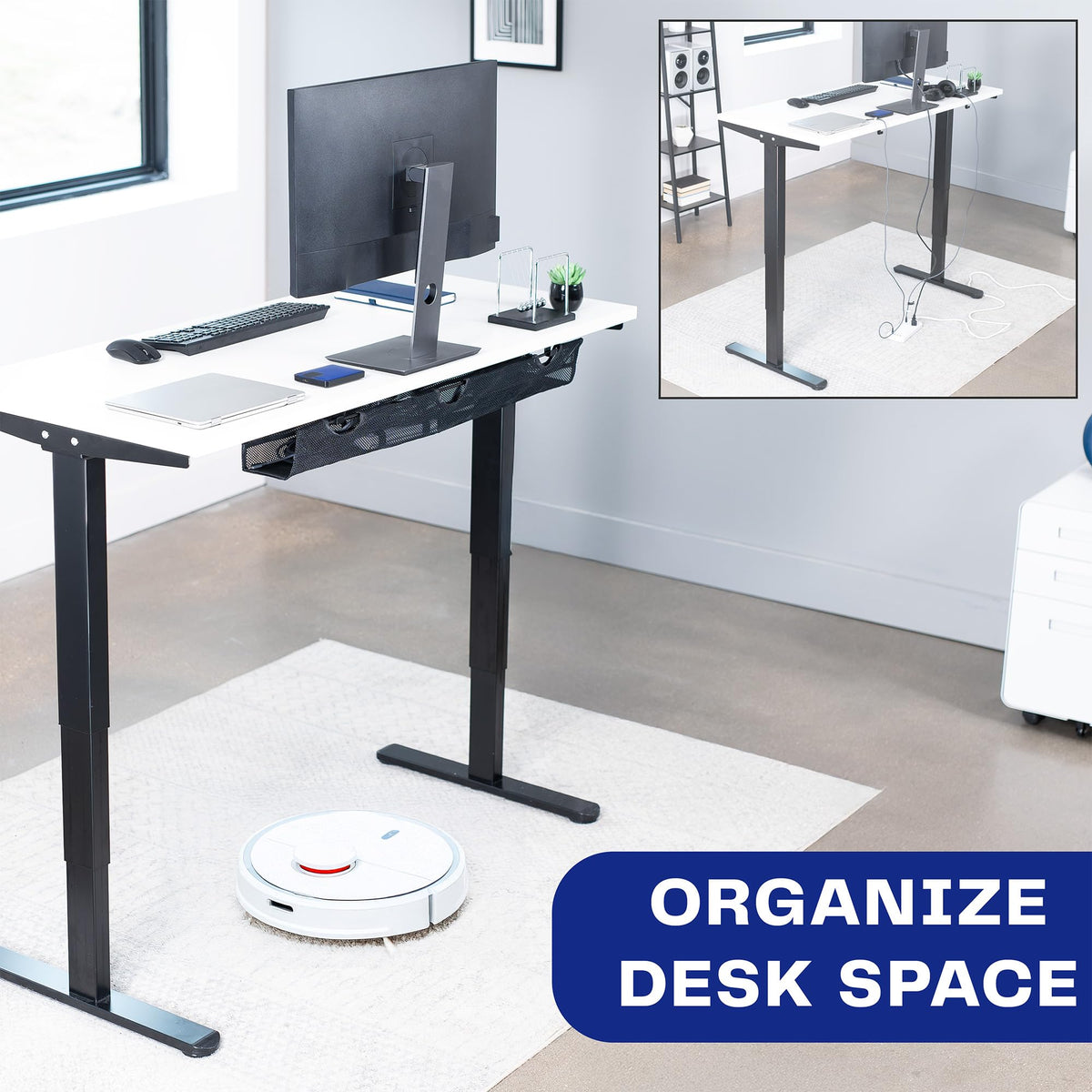VIVO lifestyle shot showing cleaner desk with hidden cable storage