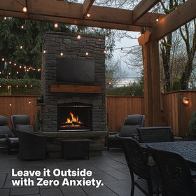 VIVO patio scene with covered outdoor TV protecting electronics from elements