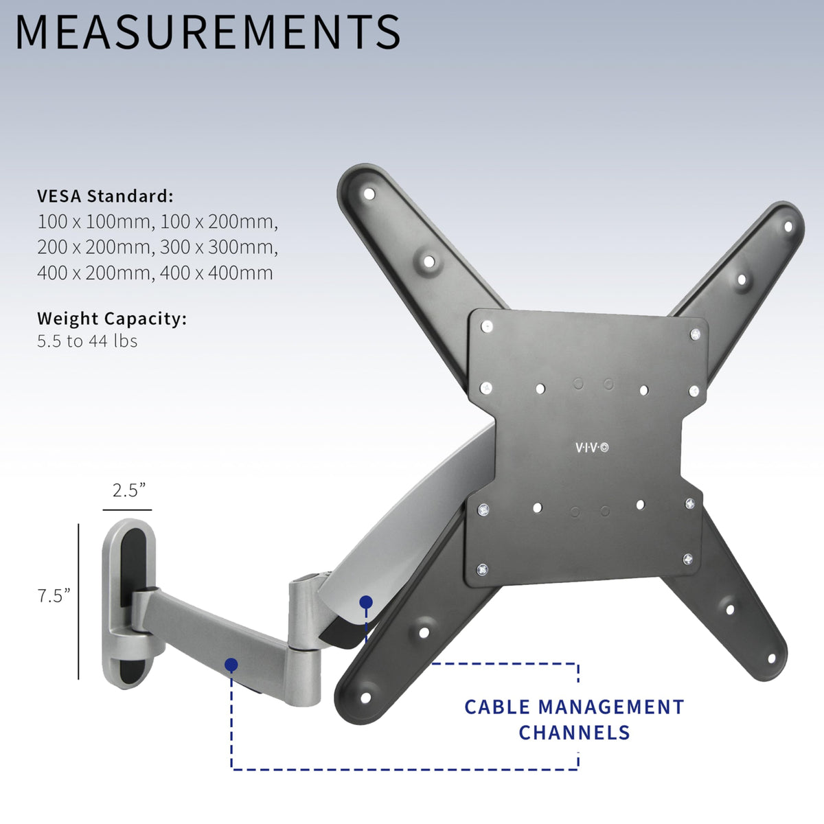 VIVO detailed shot of VESA mounting plate showing compatibility up to 400x400mm benefit