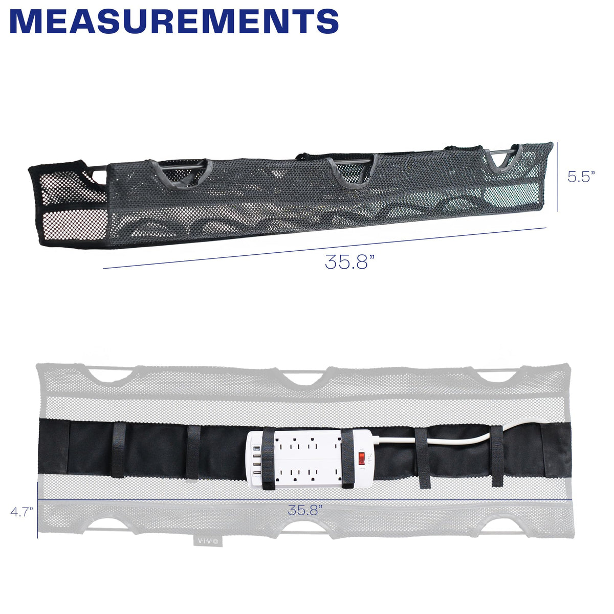 VIVO mounted net holding a power strip for clutter-free workspace