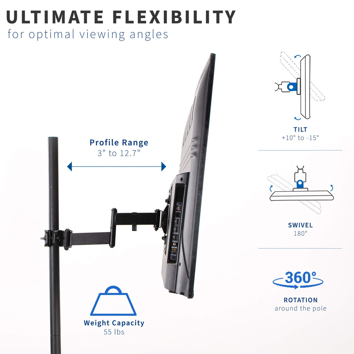 VIVO side profile with arm extended 32cm showing reach and clearance advantage